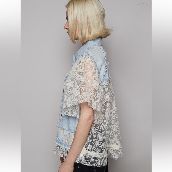 Last one 🩵POL. New. Denim and Lace Patchwork Peace Jacket - Picture 3 of 4